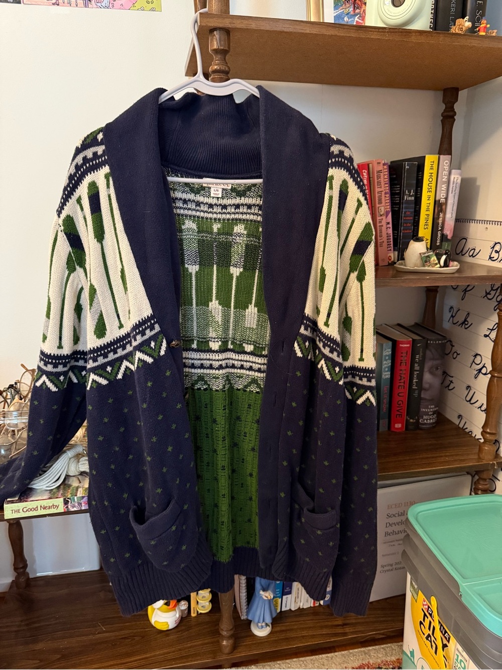 Navy and Green Patterned Cardigan
